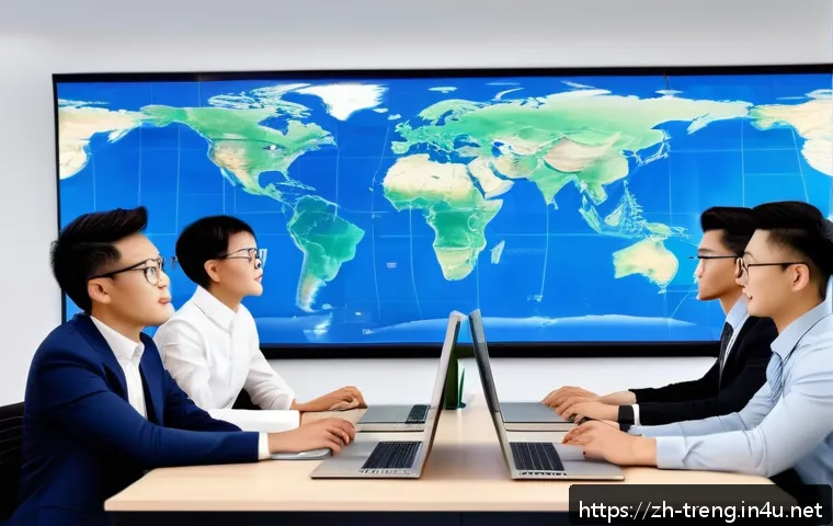 무역영어를 공부하는 직장인 팁 - A modern office scene with a diverse group of young professionals engaged in a virtual international...