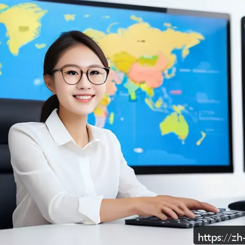무역영어 자격증으로 향상된 직무 활용 사례 - A modern cross-border e-commerce office scene featuring a confident young Chinese professional woman...