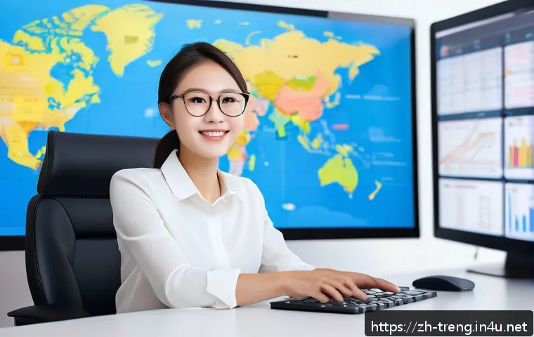 무역영어 자격증으로 향상된 직무 활용 사례 - A modern cross-border e-commerce office scene featuring a confident young Chinese professional woman...