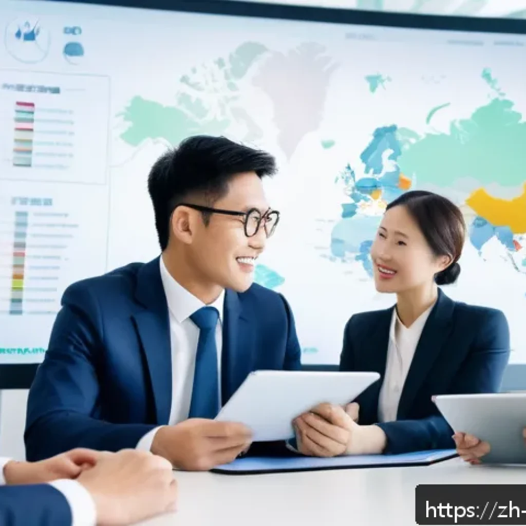 무역영어를 통해 배운 업무 사례 - A modern office setting showing a diverse group of Asian and Western business professionals engaged ...