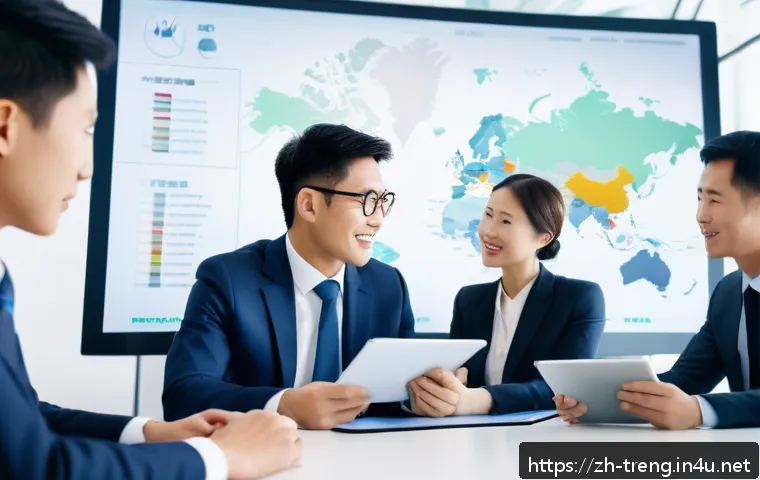 무역영어를 통해 배운 업무 사례 - A modern office setting showing a diverse group of Asian and Western business professionals engaged ...
