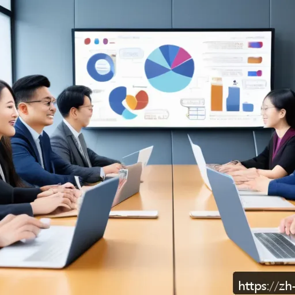 무역영어와 관련된 최신 트렌드 - A modern digital office scene showing a diverse team of Asian professionals engaged in a video confe...