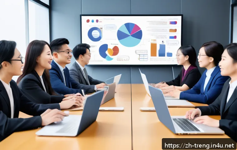 무역영어와 관련된 최신 트렌드 - A modern digital office scene showing a diverse team of Asian professionals engaged in a video confe...