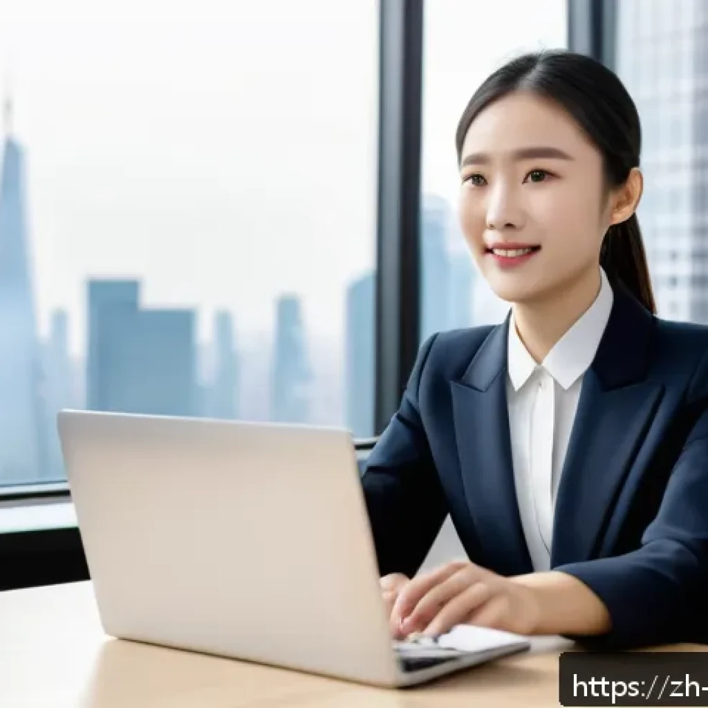 무역영어 실기시험 대비 과정에서 얻는 성과 - A modern business office scene showing a confident young Chinese professional woman practicing Engli...