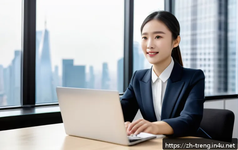 무역영어 실기시험 대비 과정에서 얻는 성과 - A modern business office scene showing a confident young Chinese professional woman practicing Engli...