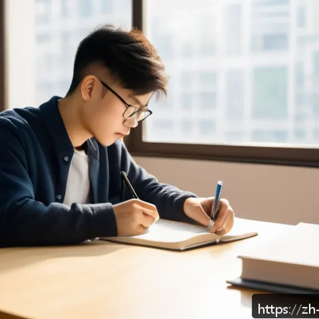 무역영어 실기시험 대비 주요 학습법 분석 - A modern study desk scene in a bright room with a Chinese young adult diligently organizing a notebo...