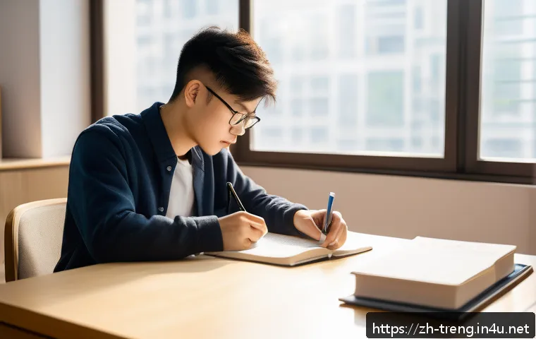 무역영어 실기시험 대비 주요 학습법 분석 - A modern study desk scene in a bright room with a Chinese young adult diligently organizing a notebo...