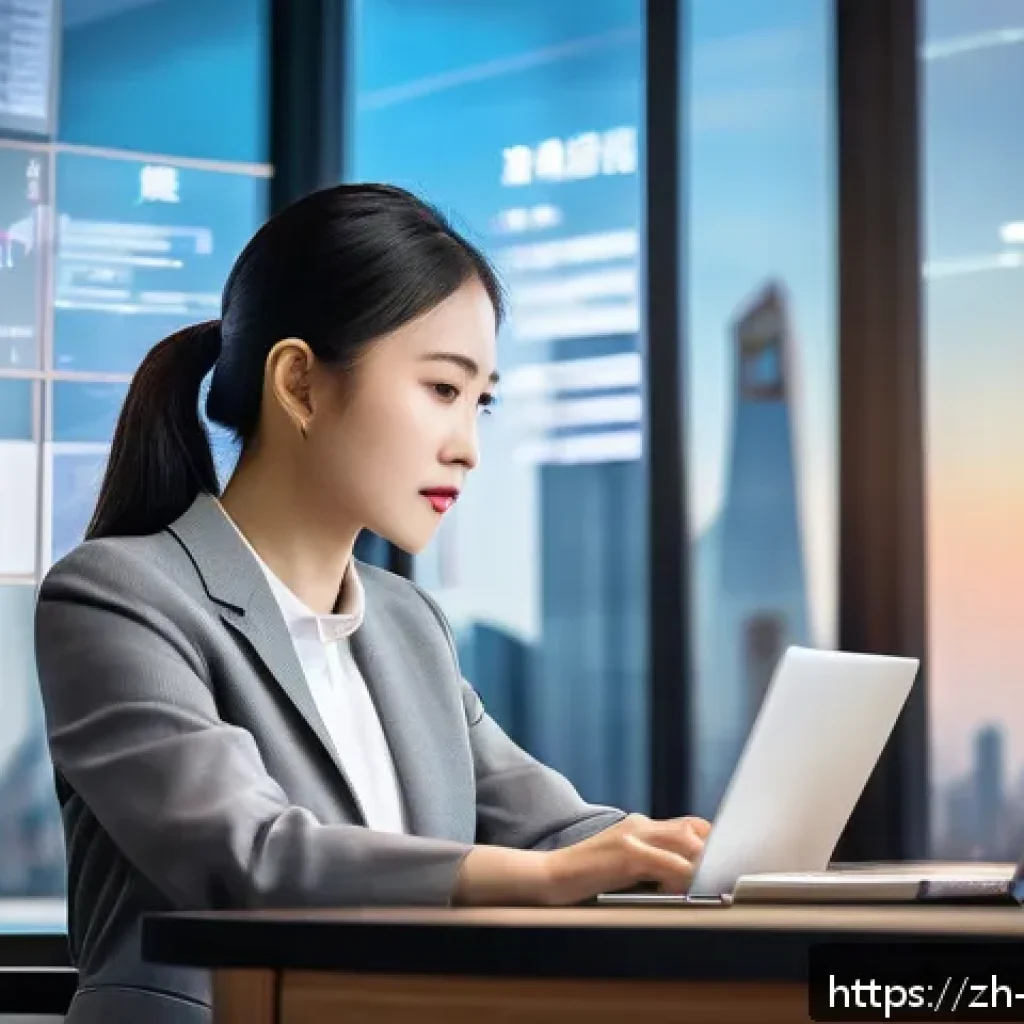 무역영어 학습에서 효율적인 목표 설정 - A modern office scene with a young Chinese professional woman in business casual attire sitting at a...