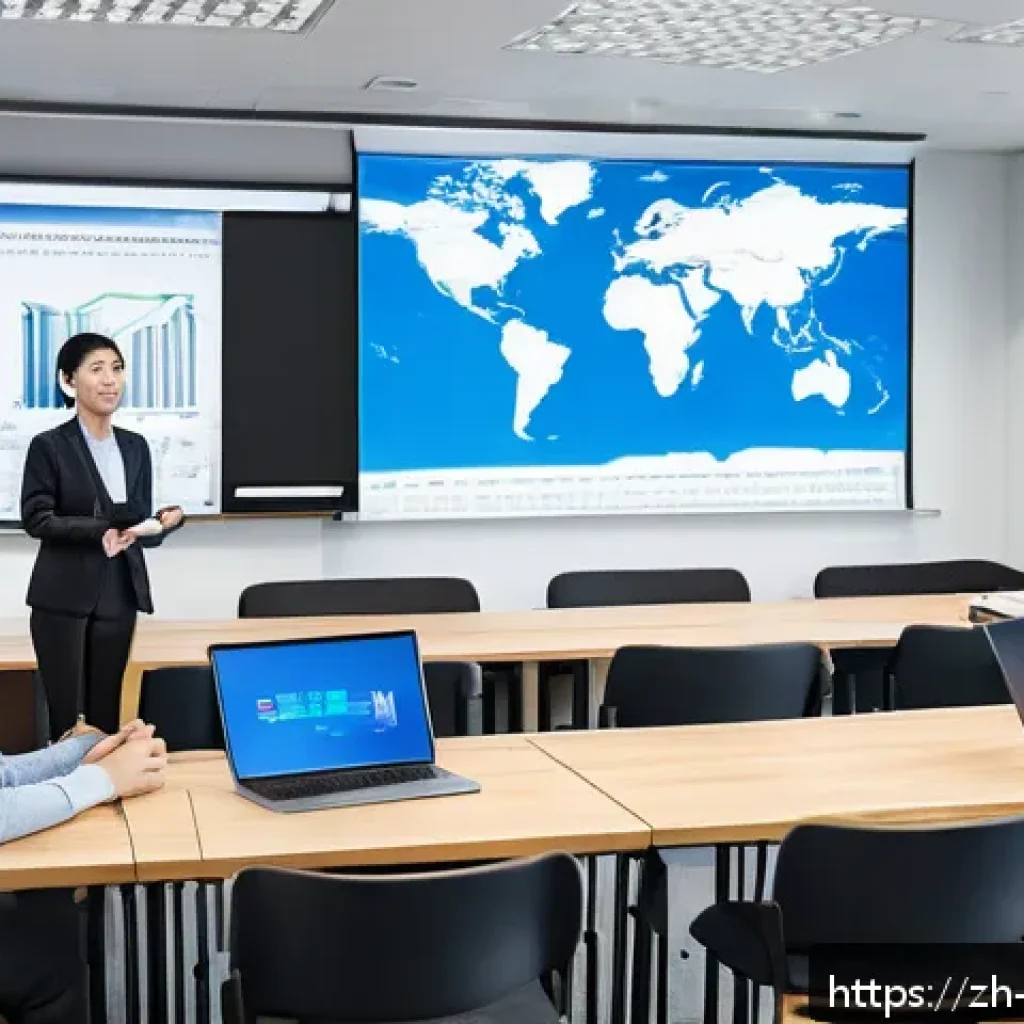 무역영어 관련 취업 박람회 정보 - A modern professional trade English training classroom scene set in a bright, spacious office enviro...