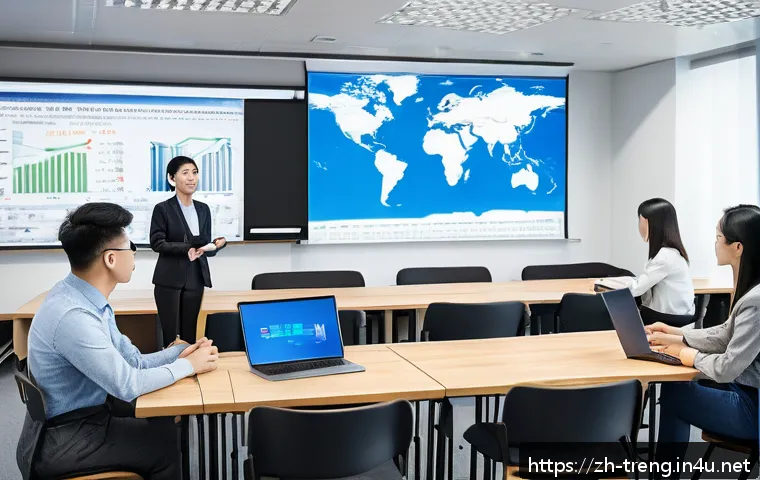 무역영어 관련 취업 박람회 정보 - A modern professional trade English training classroom scene set in a bright, spacious office enviro...