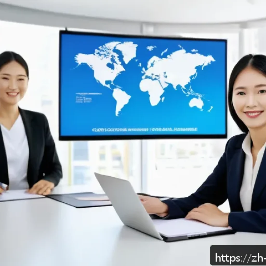 무역영어 자격증으로 국제적 인정 받은 사례 - A modern multinational office setting showing a confident Asian professional woman in business attir...