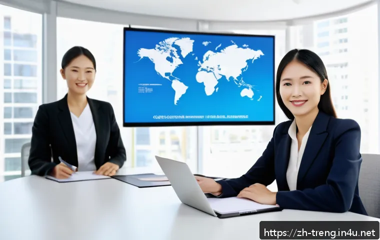 무역영어 자격증으로 국제적 인정 받은 사례 - A modern multinational office setting showing a confident Asian professional woman in business attir...