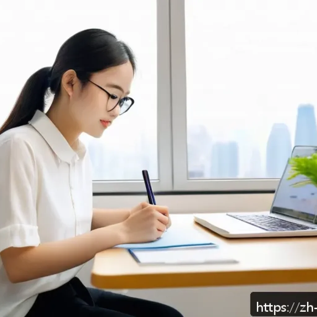무역영어 실기시험 시 유의사항 - A modern, bright study room with a young Chinese adult student focused on learning trade English voc...