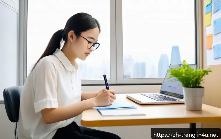 무역영어 실기시험 시 유의사항 - A modern, bright study room with a young Chinese adult student focused on learning trade English voc...