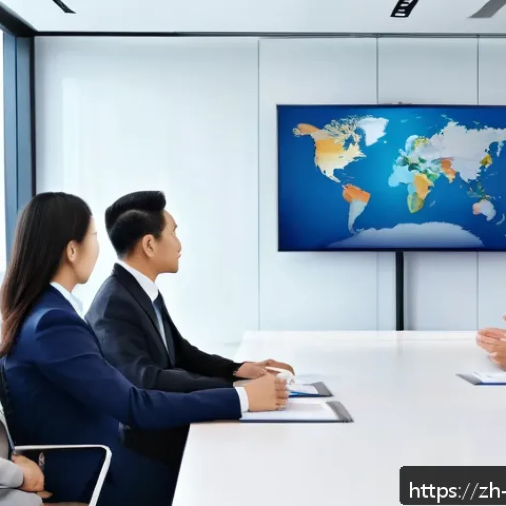 무역영어 자격증과 관련 학위 프로그램 - A modern international business meeting scene in a bright, sleek office, featuring diverse professio...