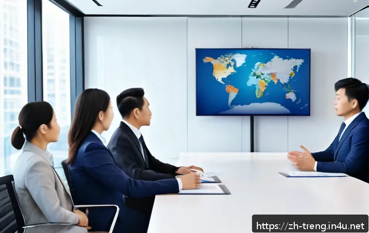 무역영어 자격증과 관련 학위 프로그램 - A modern international business meeting scene in a bright, sleek office, featuring diverse professio...