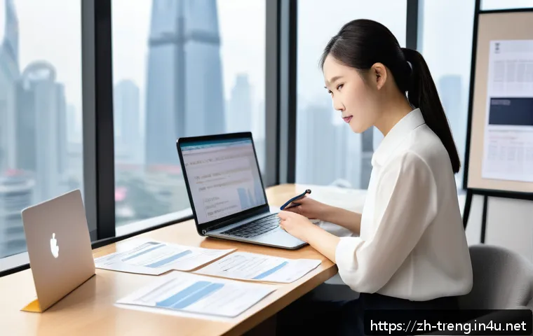 무역영어 실기시험 준비의 주요 체크리스트 - A modern, clean office scene featuring a young Chinese business professional studying international ...