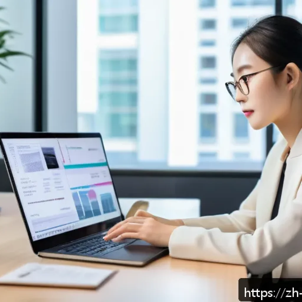 무역영어 학습에 유용한 사이트 - A modern digital workspace showing a young Chinese professional using an interactive online trade En...