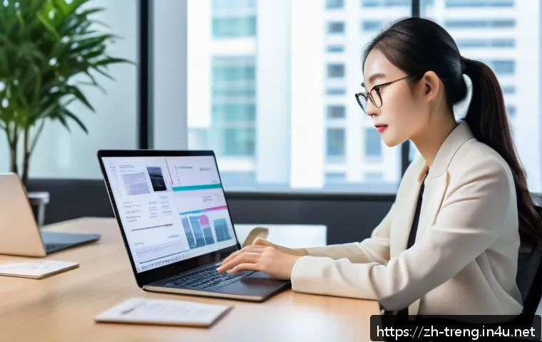 무역영어 학습에 유용한 사이트 - A modern digital workspace showing a young Chinese professional using an interactive online trade En...