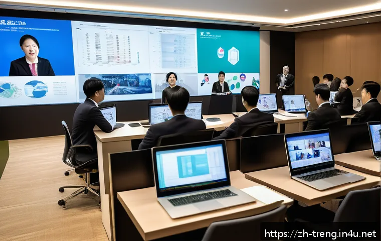무역영어와 관련된 컨퍼런스 및 세미나 - A modern international business conference scene showing diverse professionals engaged in a trade ne...