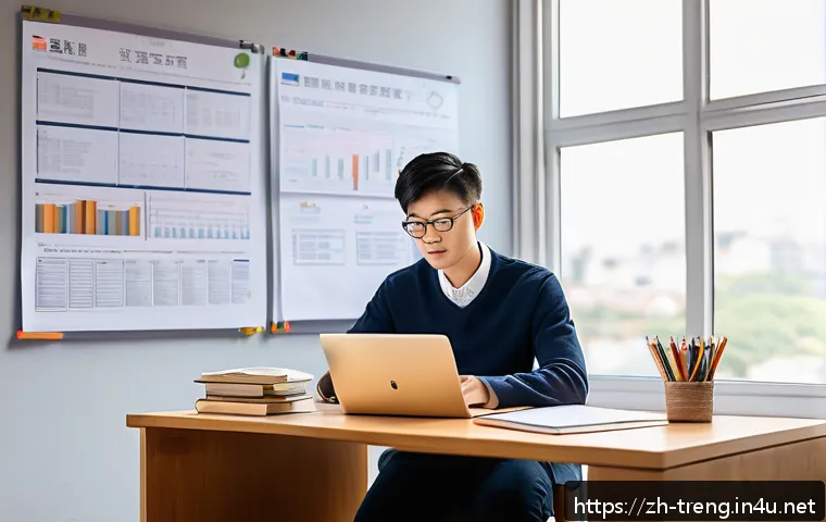 무역영어 공부 시간 분배 요령 - A modern study room with a focused young adult studying trade English at a sleek desk, surrounded by...