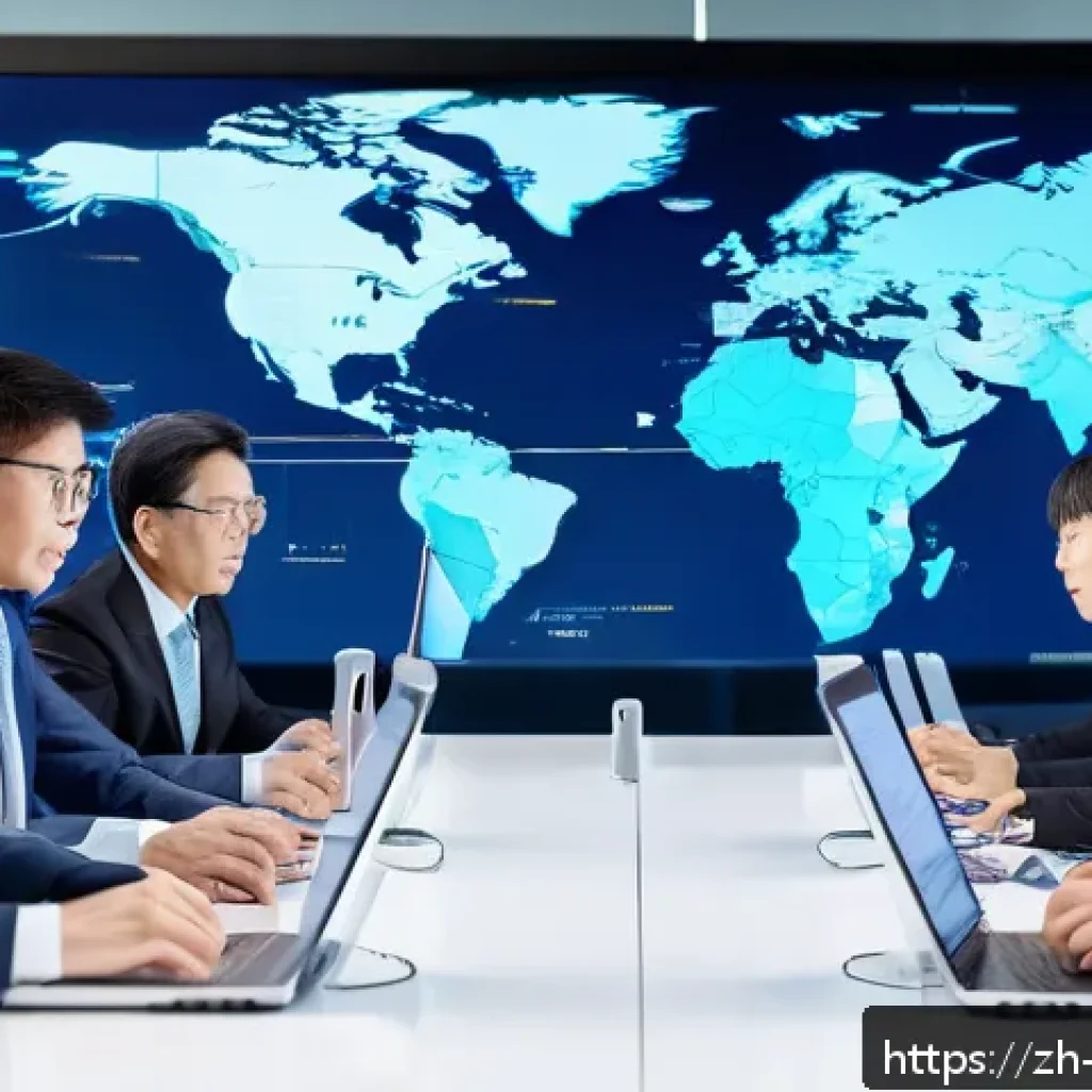 무역영어와 관세사 자격증 병행 - A modern office scene showing a diverse group of Chinese business professionals engaged in an intern...