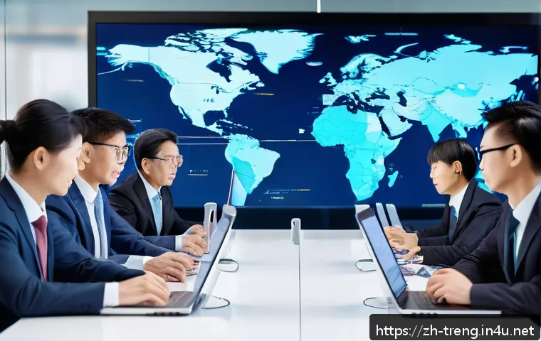무역영어와 관세사 자격증 병행 - A modern office scene showing a diverse group of Chinese business professionals engaged in an intern...