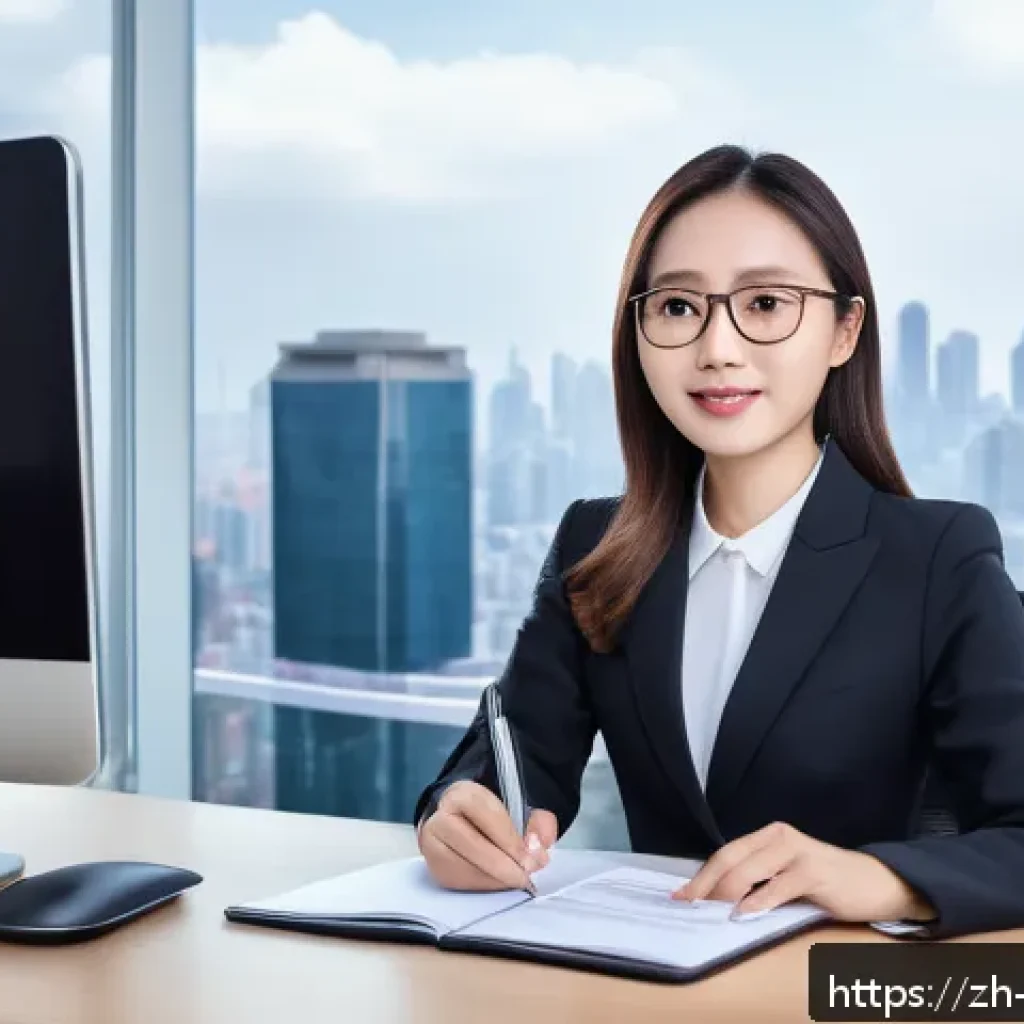 무역영어 자격증의 직무 활용과 직업적 성공 사례 - A modern international office scene showing a confident young Chinese professional woman in business...