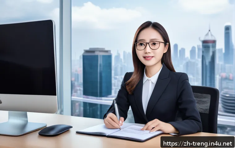 무역영어 자격증의 직무 활용과 직업적 성공 사례 - A modern international office scene showing a confident young Chinese professional woman in business...