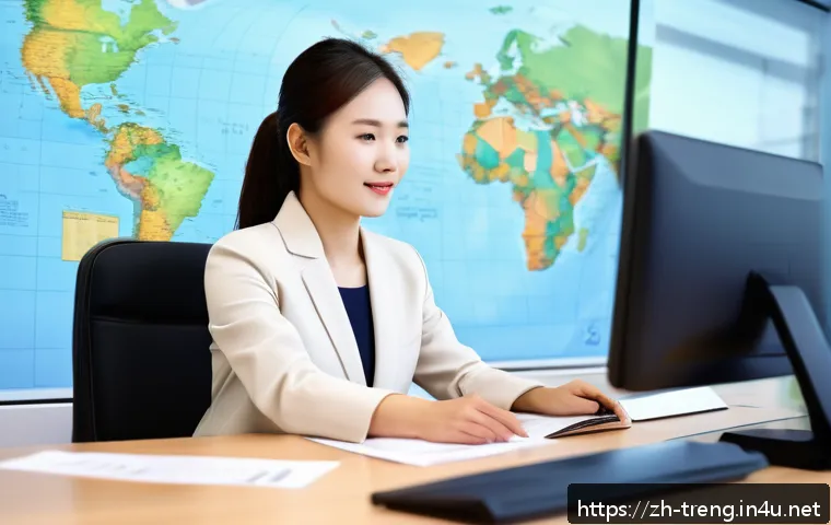무역영어 필기시험 준비를 위한 무료 자료 - A detailed, modern office scene showing a professional Chinese businesswoman in smart casual attire,...