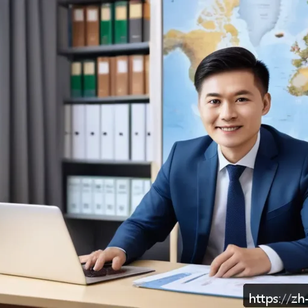 무역영어 자격증의 실질적 가치와 활용성 - A modern office scene showing a confident Chinese business professional in smart casual attire, sitt...