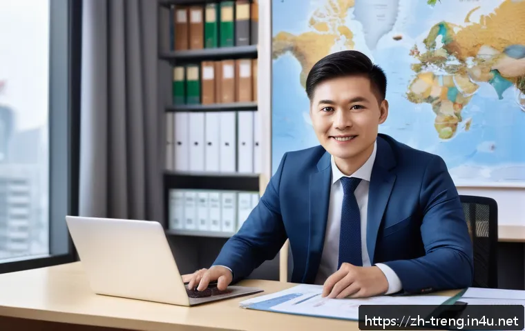 무역영어 자격증의 실질적 가치와 활용성 - A modern office scene showing a confident Chinese business professional in smart casual attire, sitt...