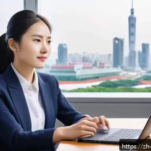 무역영어 독학을 위한 필수 자료 - A modern professional office scene showing a young Chinese businesswoman in smart casual attire sitt...