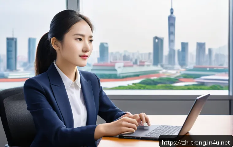 무역영어 독학을 위한 필수 자료 - A modern professional office scene showing a young Chinese businesswoman in smart casual attire sitt...