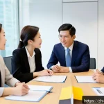 무역영어와 협상 기술 향상 - A cross-cultural business meeting between Chinese and Japanese professionals, showcasing respectful ...