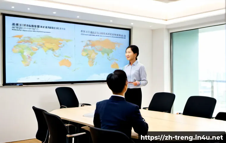 무역영어를 가르치는 강사로 활동하기 - Photorealistic international trade English instructor leading a small adult classroom, confidently e...