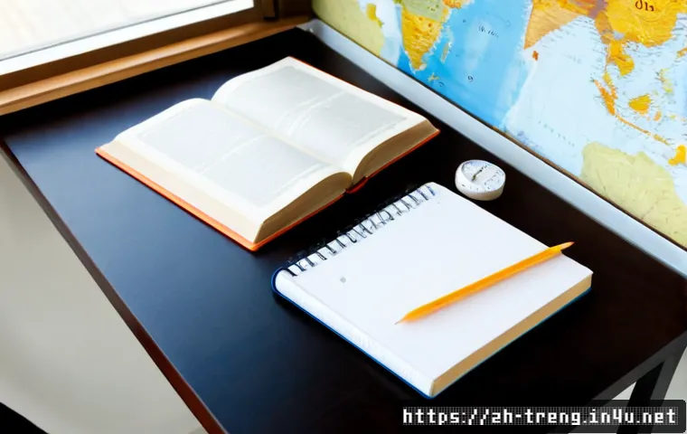 무역영어 필기시험을 위한 참고 자료 - Photorealistic study desk for an international trade English written exam, neatly arranged blank ref...