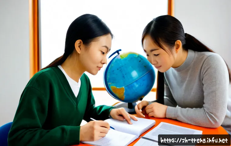 무역영어 시험 대비 스터디 그룹의 효과 - Photorealistic study group of four young adult learners preparing for an international trade English...