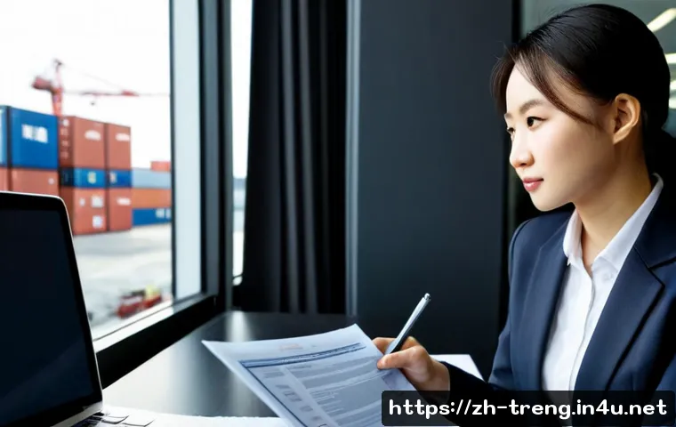 무역영어 자격증의 글로벌 취업 가능성 - Photorealistic international trade career scene, confident young East Asian professional in smart bu...