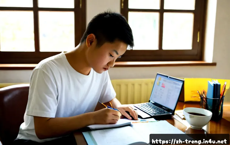 무역영어 시험 대비 자료 활용과 성공 사례 연구 - Photorealistic study scene of a focused young adult preparing for an international trade English exa...